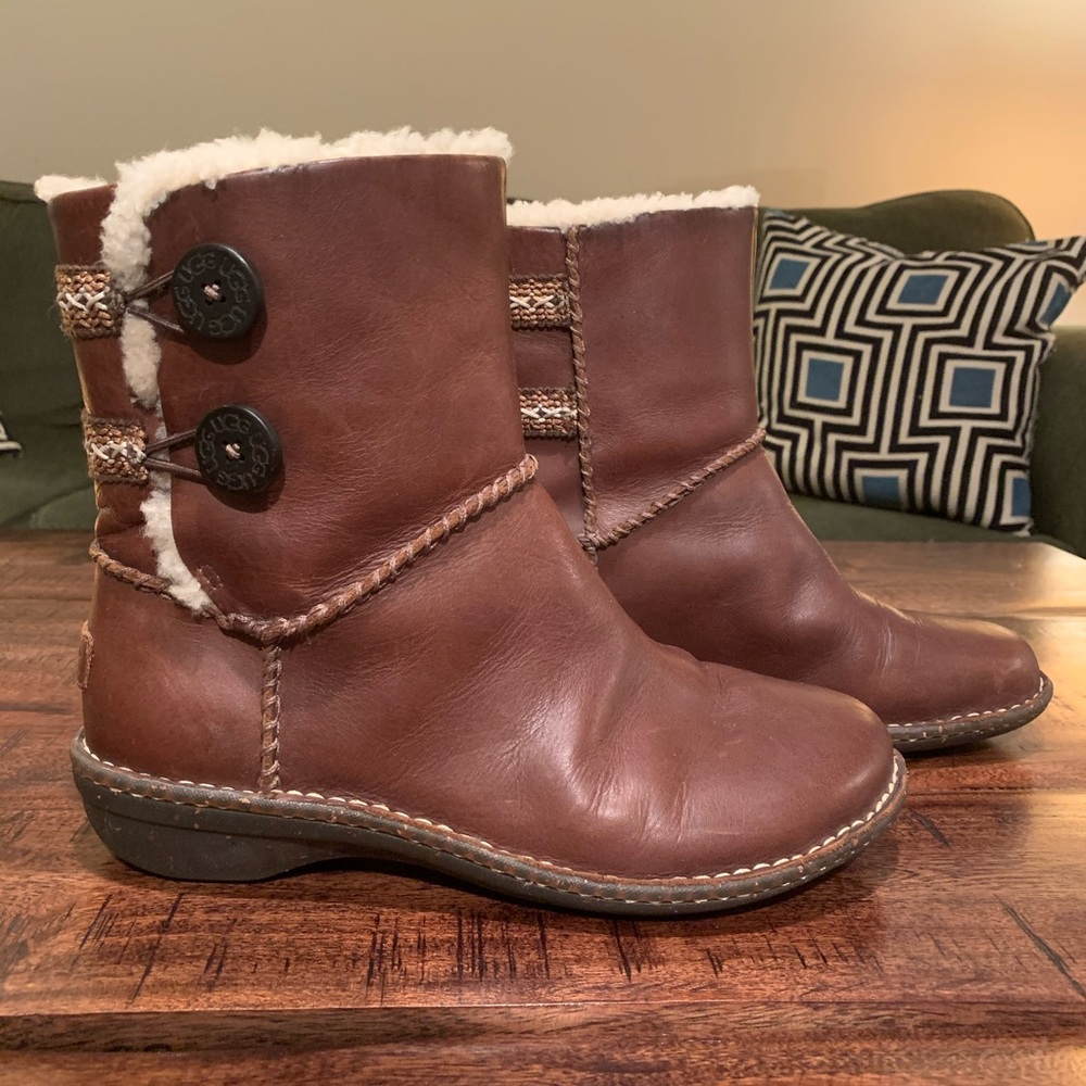 Chestnut Brown Leather UGG Boots w/ Sheepskin Trim